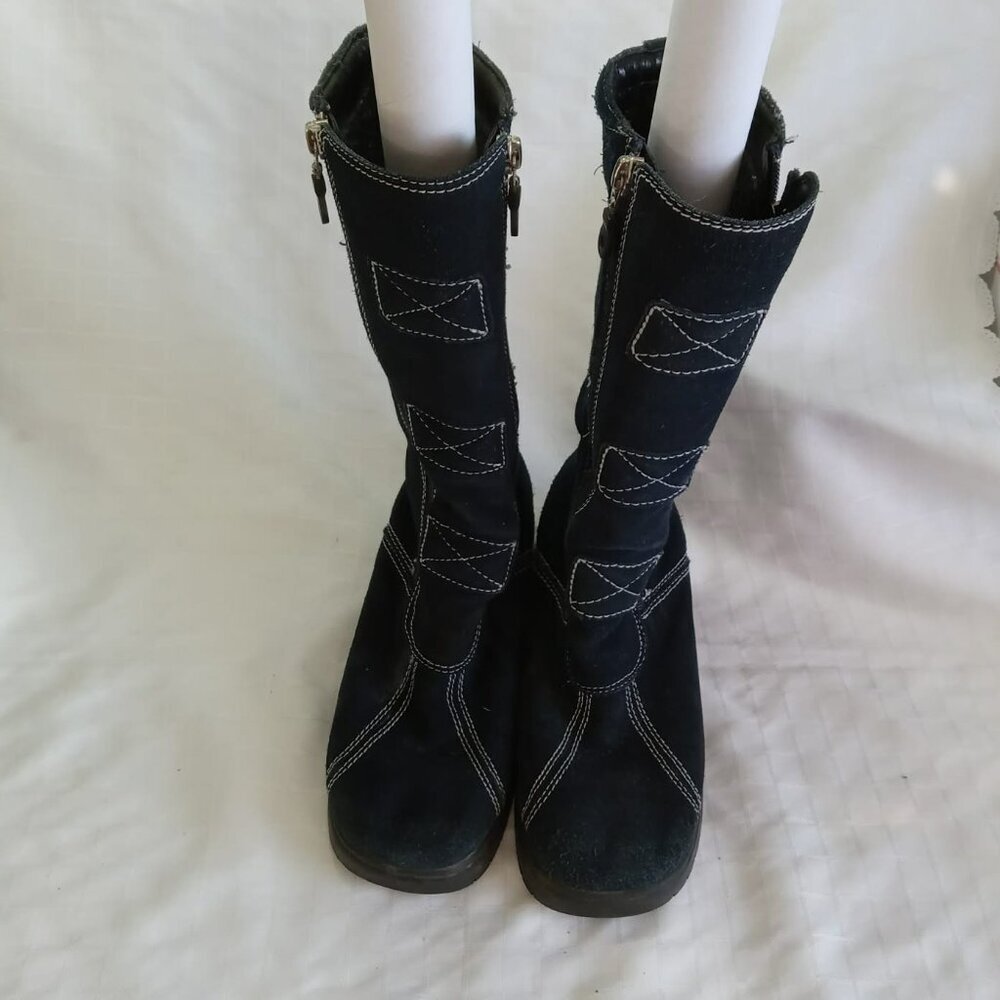 Pair of blue suede mid-calf boots with white contrast stitching and  zippers on
